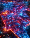 Vibrant digital map with glowing red and blue lights, representing global data networks and internet connectivity, 4k. Royalty Free Stock Photo