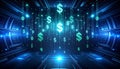 Abstract Digital Matrix with Falling Binary Code and Dollar Signs. Economy Concept. Generated Image Royalty Free Stock Photo