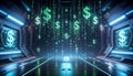 Abstract Digital Matrix with Falling Binary Code and Dollar Signs. Economy Concept. Generated Image Royalty Free Stock Photo