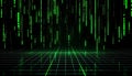 Abstract digital matrix rain effect with glowing green lines and futuristic grid pattern background Royalty Free Stock Photo