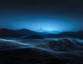 Abstract Digital Mountain Landscape With Glowing Blue Particles At Night Royalty Free Stock Photo