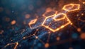 Abstract digital net with glowing orange hexagons and blue particles. Futuristic geometric grid structure with light dots, bokeh Royalty Free Stock Photo