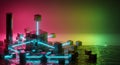 Abstract digital network architecture with illuminated cubes and connecting beams on a reflective liquid surface, vibrant Royalty Free Stock Photo