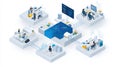 Abstract Digital Network Architecture Showing Connected Isometric Cubes and People Working At Desks Royalty Free Stock Photo