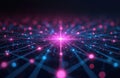 Abstract digital network background with glowing pink, blue nodes connected by lines. Intricate mesh structure data flow, Royalty Free Stock Photo
