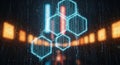 Abstract Hexagonal Network on Rainy Night with Digital Code and Bokeh Lights Royalty Free Stock Photo