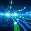 Abstract digital network connections and data streams glowing with blue and green light Royalty Free Stock Photo