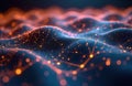 Abstract digital network connections pulse with light. Glowing particles form waves on dark blue background. Futuristic data flow Royalty Free Stock Photo