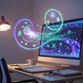 Abstract digital network emanating from computer screen with glowing icons technology Royalty Free Stock Photo