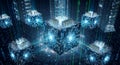Abstract blockchain network cubes with binary code overlay, futuristic data transfer concept Royalty Free Stock Photo