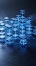 Abstract digital network of glowing blue cubes interconnected with light beams on a dark background Royalty Free Stock Photo
