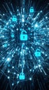 Abstract digital network of glowing blue padlocks representing cybersecurity and data protection concepts Royalty Free Stock Photo