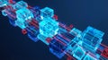 Abstract Digital Network of Glowing Blue and Red Cubes Representing Data Flow and Technology Royalty Free Stock Photo