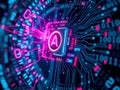 Abstract digital network with glowing circuit board and binary code, created as an AI-generated image Royalty Free Stock Photo