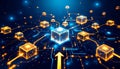 Abstract digital network of glowing cubes and circuits representing blockchain technology and data flow Royalty Free Stock Photo