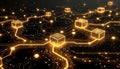 Abstract digital network of glowing cubes and illuminated circuits representing data flow and connectivity Royalty Free Stock Photo