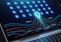 Abstract digital network with glowing data streams and security icon on laptop screen Royalty Free Stock Photo