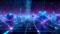 Abstract digital network with glowing geometric shapes and data streams Royalty Free Stock Photo