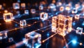 Abstract digital network of glowing interconnected cubes and lines representing data flow and technology Royalty Free Stock Photo