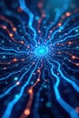 Abstract digital network glowing lines and points converging at a central node. Generative AI Royalty Free Stock Photo