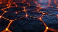 Abstract Technology Network with Glowing Orange Nodes and Lines on Dark Blue Background Royalty Free Stock Photo