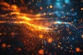 Abstract Digital Network with Glowing Orange and Blue Particles Flowing on Dark Wavy Background Royalty Free Stock Photo