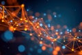 Abstract digital network with glowing orange nodes and connecting lines flowing dynamically against a blurred dark blue background Royalty Free Stock Photo