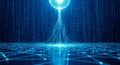 Abstract Digital Network with Glowing Sphere and Binary Code Rain technology connection Royalty Free Stock Photo