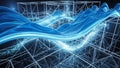 Abstract Digital Network Grid with Flowing Blue Energy Waves and Sparkling Particles Representing Data Transfer and Royalty Free Stock Photo