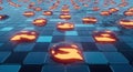 Abstract digital network grid with glowing orange cubes flowing forward Royalty Free Stock Photo