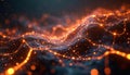 Abstract digital network grid with glowing orange nodes and lines. Futuristic data flow pattern on dark textured surface, Royalty Free Stock Photo