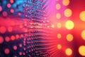 Abstract Digital Network Grid with Glowing Red and Blue Orbs and Bokeh Lights, Futuristic Data Stream Visualization Royalty Free Stock Photo