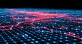 Abstract digital network grid with glowing red connections and blue data points representing global connectivity and information Royalty Free Stock Photo