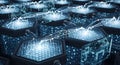 Futuristic Hexagonal Data Servers Network, Digital Information Flow with Fiber Optics and HUDs Royalty Free Stock Photo