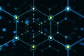 An abstract digital network with nodes and encryption icons in hues with light effects on a dark background. 3D Rendering