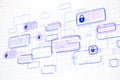 Abstract digital network with security locks and binary code on gradient background. 3D Rendering Royalty Free Stock Photo
