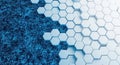Abstract digital network transition from blue binary code to clean white hexagonal grid structure Royalty Free Stock Photo