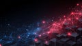 Abstract digital network visualization featuring interconnected glowing nodes in contrasting blue and vibrant red hues rising Royalty Free Stock Photo