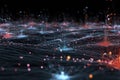 Abstract digital network visualization with glowing nodes and interconnected lines on a dark background, representing data flow Royalty Free Stock Photo