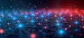 Abstract digital network visualization shows glowing nodes, connections. Blue, red lights depict data flow, tech. Dynamic visual