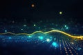 Abstract digital network waves and glowing blue and orange particle data on dark background. . Generative AI Royalty Free Stock Photo