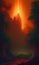 Volcanic alien world`s landscape - in retro scifi style