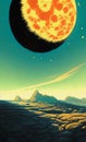 Alien landscape with a full moon in retro scifi style Royalty Free Stock Photo