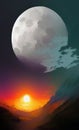 Alien landscape with a full moon in retro scifi style Royalty Free Stock Photo