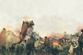 Abstract digital painting of camels in desert, camel trade fair in India illustration Royalty Free Stock Photo