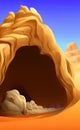 Desert cave entrance with a view on a fantasy landscape