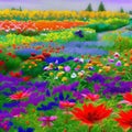 An abstract digital painting of a flower garden, with bright colors and bold brushstrokes creating a sense of movement1, Generat