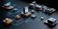 Abstract digital payment gateway with QR code, AI fraud detection, futuristic secure network