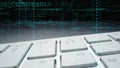 Abstract Digital Programming Concept with Keyboard, Data Streams, Code Lines, and Glowing Visual Effects on a Dark Royalty Free Stock Photo