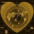 Digital radar screen of heart shape with world map, targets and futuristic user interface of yellow, brown, and beige shades